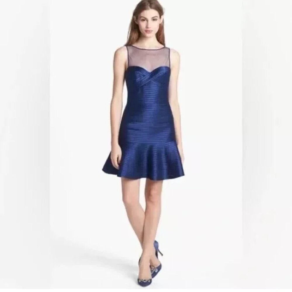 BCBG Max Azria Illusion Neckline Banded Navy Dress- Size 4- NWT
